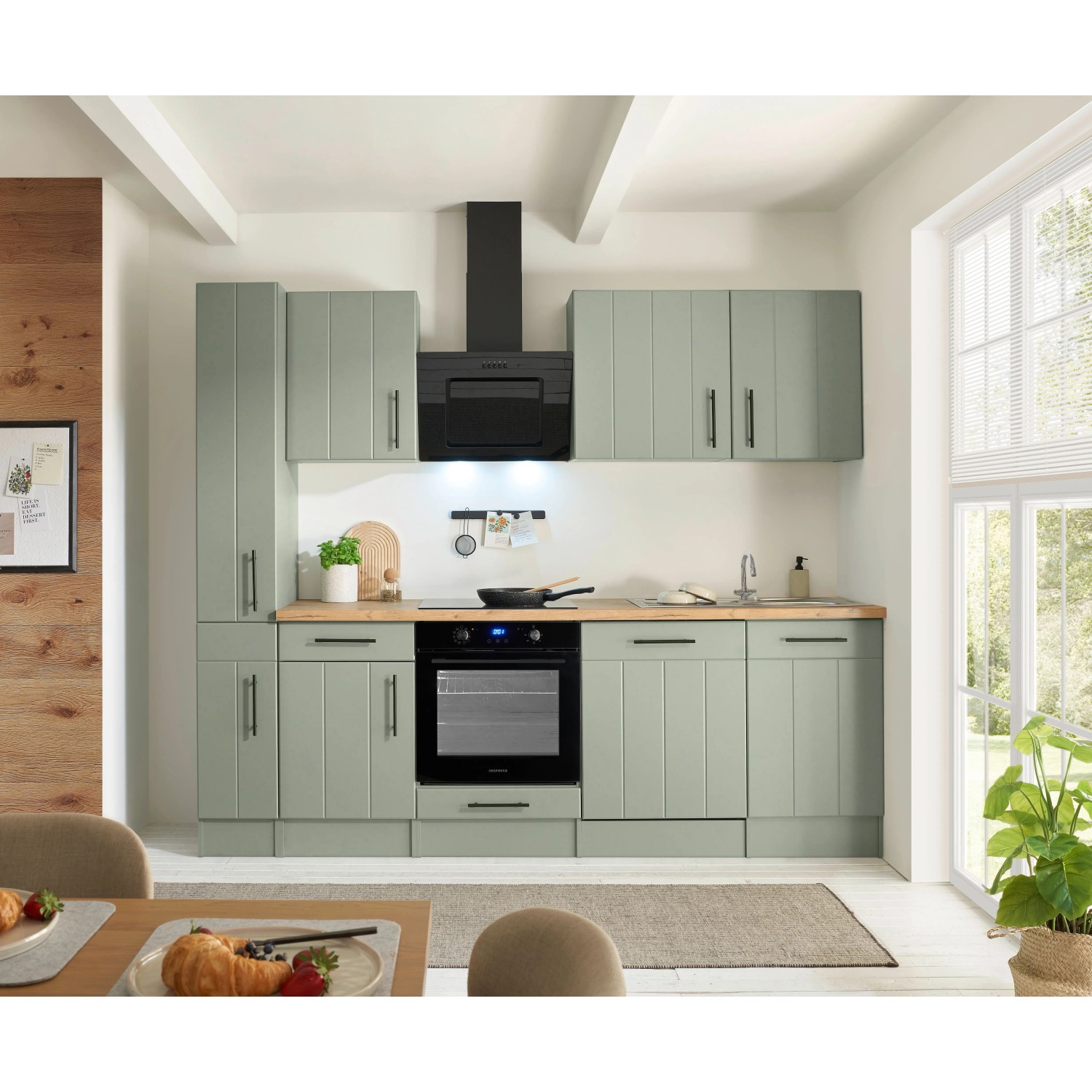 Respekta Kuchyně Anton zelená/dub divoký 250 cm-trouba/ind.deska/myčka/digestoř