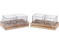 Koopman Sada 2 skleněných svícnů s dřevěným držákem, 18,5 x 9,5 x 8 cm