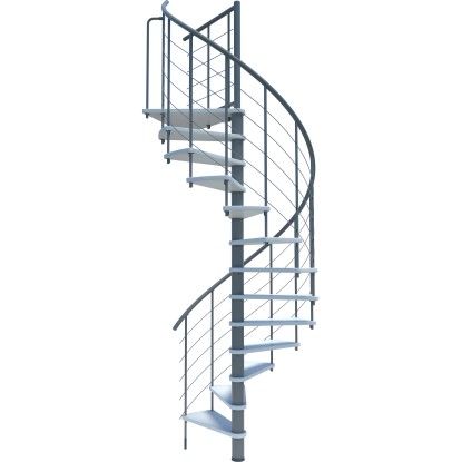 Točité schodiště Venezia Smart, bílá/šedá, Ø120cm, pro výšku podlaží do 305,5cm. Interiérové schodiště s dřevěnými stupni a kovovým zábradlím.