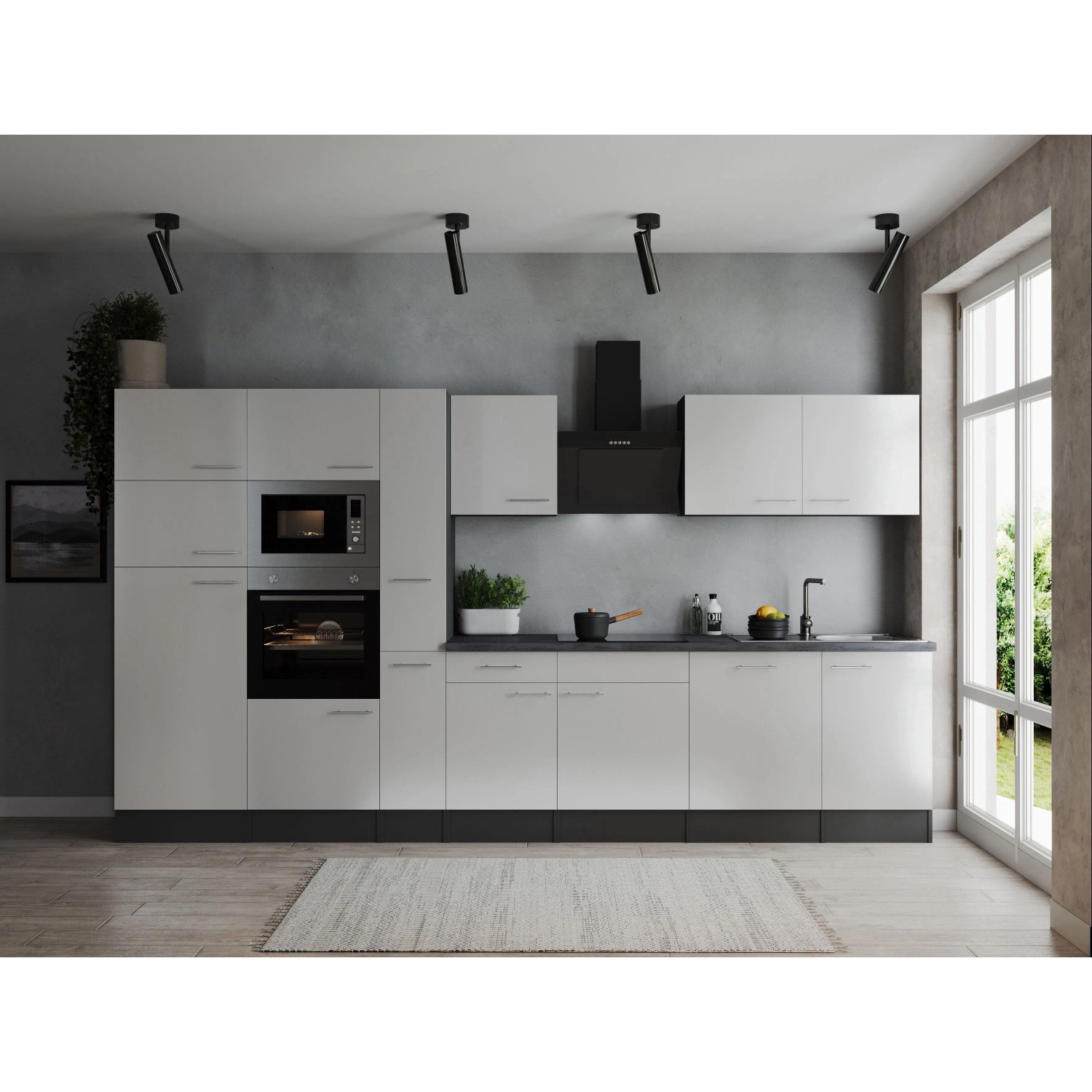 Respekta Kuchyně Oliver bílá/žula 370 cm-trouba/skl.deska/dig./myčka/led./mik.