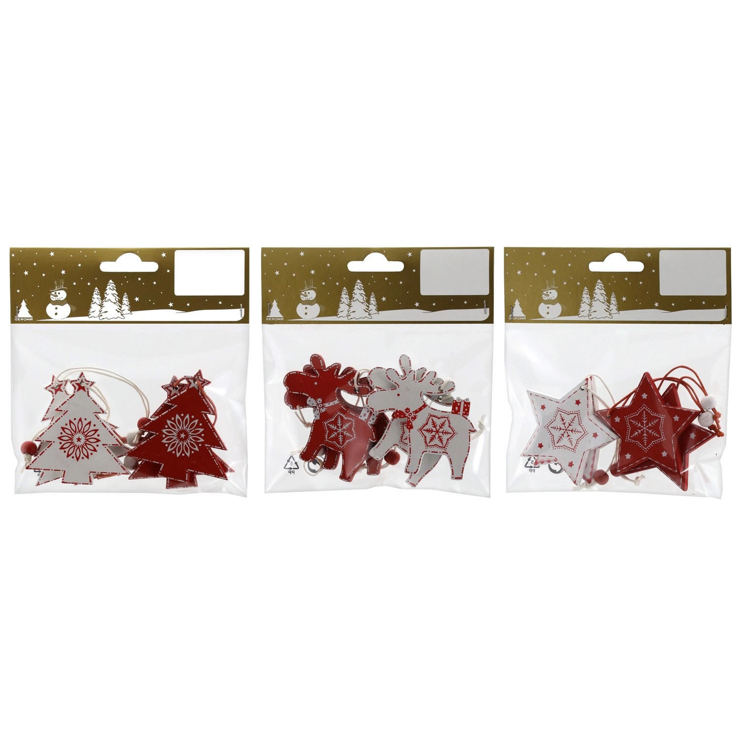 Dřevěná závěsná dekorace, červená/bílá, 4 ks, různé druhy