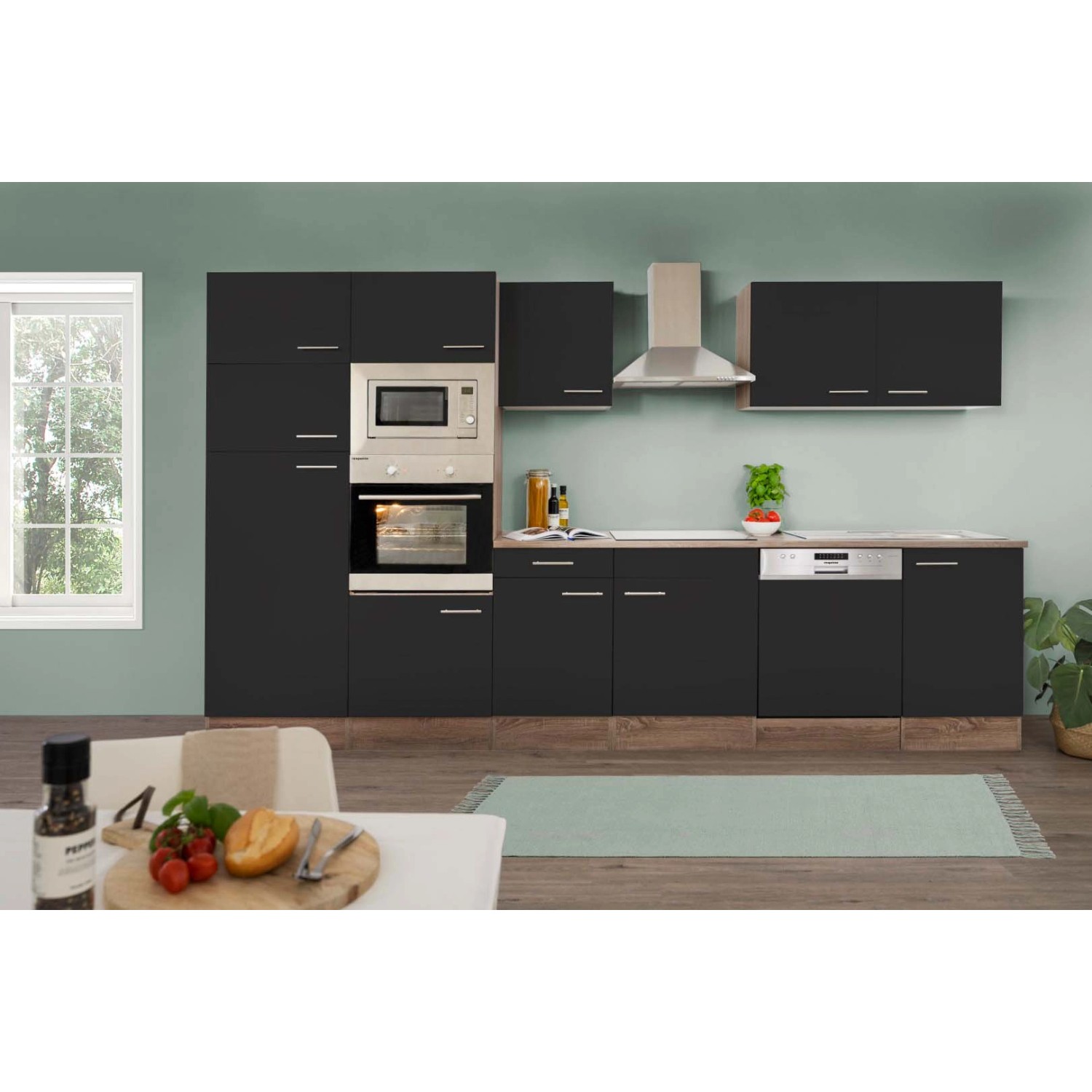 Respekta Kuchyně Oliver černá - hedvábně lesklá/dub 340 cm - Bez el. přístrojů