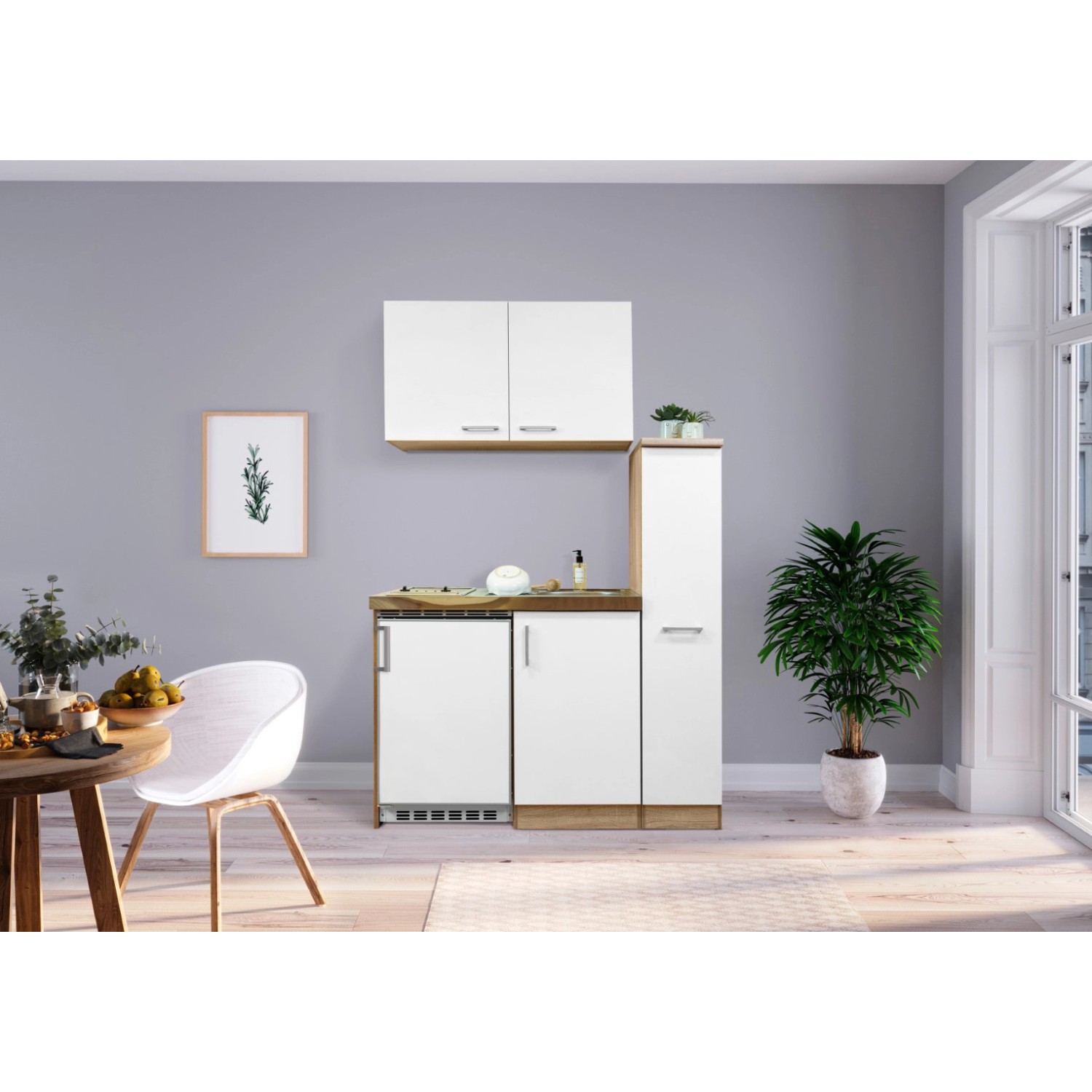 Respekta Kuchyně Levin bílá/dub 130 cm-skl.var.deska/lednice UKS110/sp+h+p sk