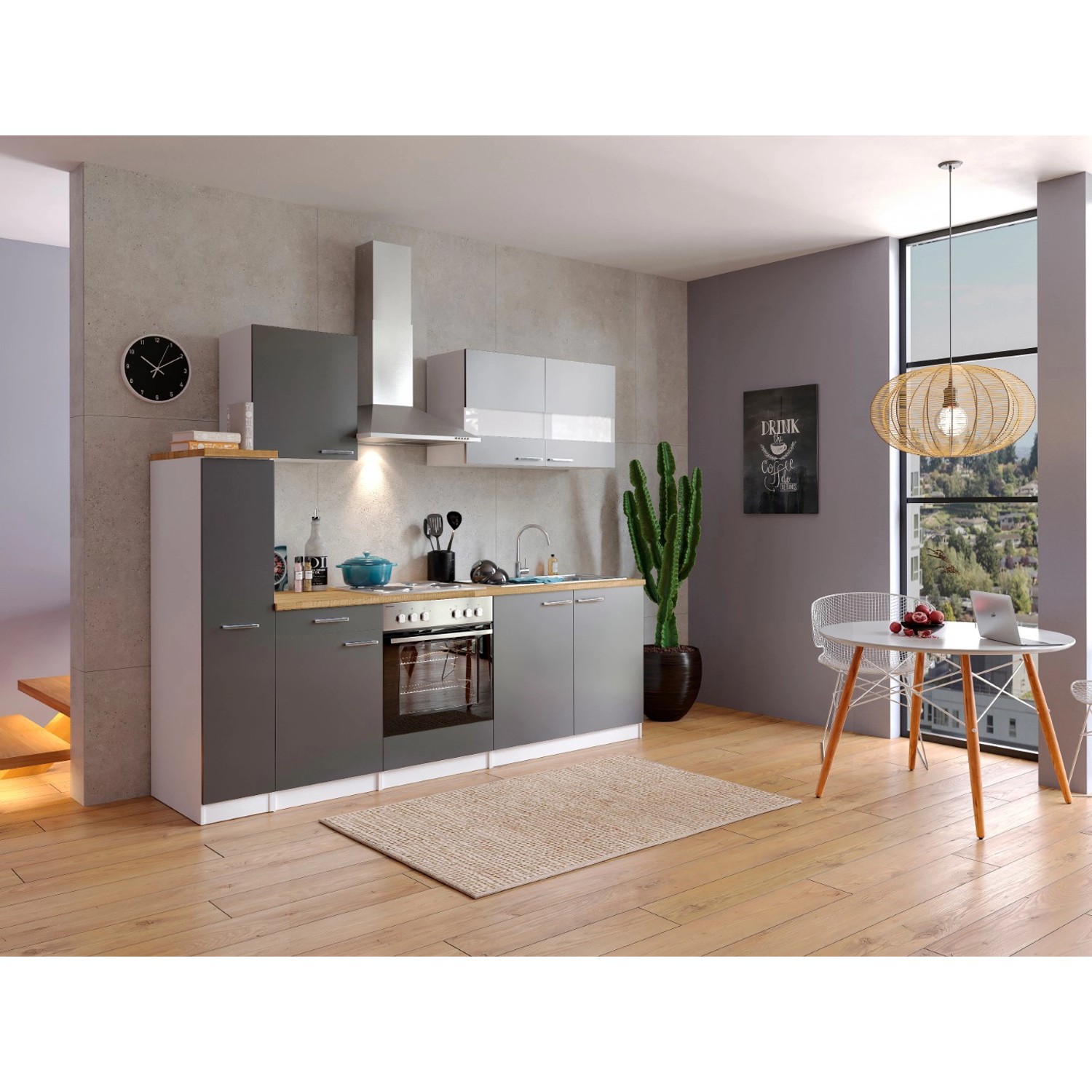 Respekta Kuchyně Malia šedá/ořech 240 cm - nerezová deska/komínová digestoř