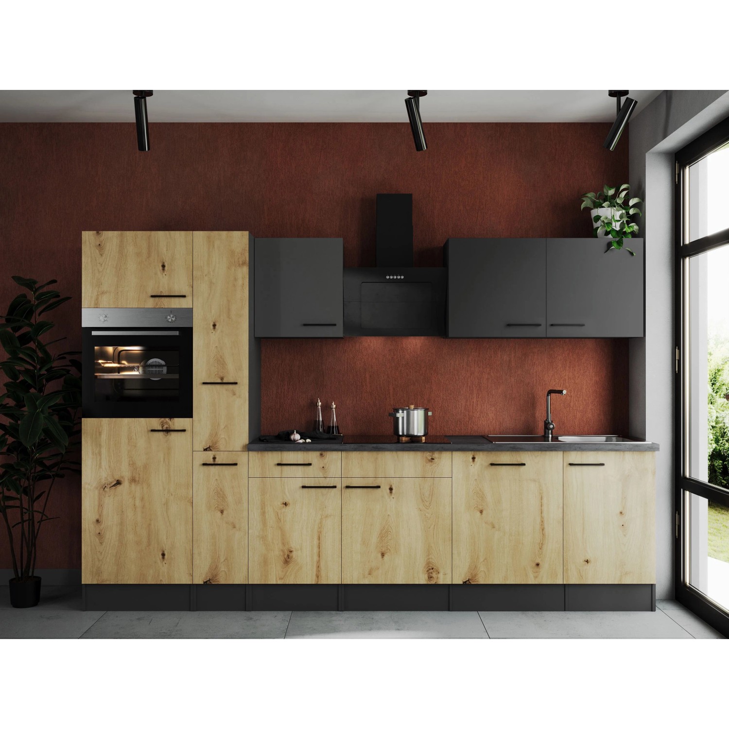 Respekta Kuchyně Oliver dub+šedá m./žula 310 cm-trouba/skl.deska/dig./myčka/led.