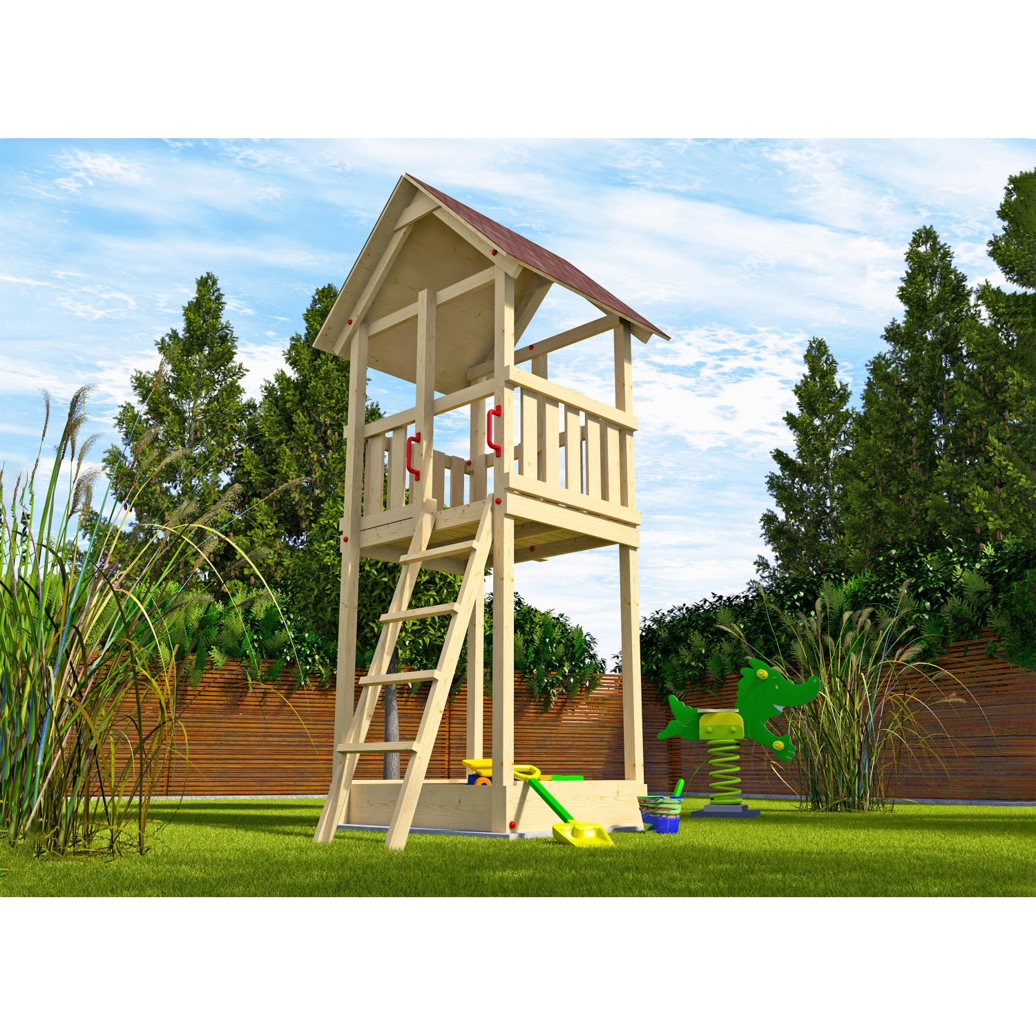 Weka Hrací věž Tabaluga se sedlovou střechou, přírodní/červ., 150 x 165 x 331 cm