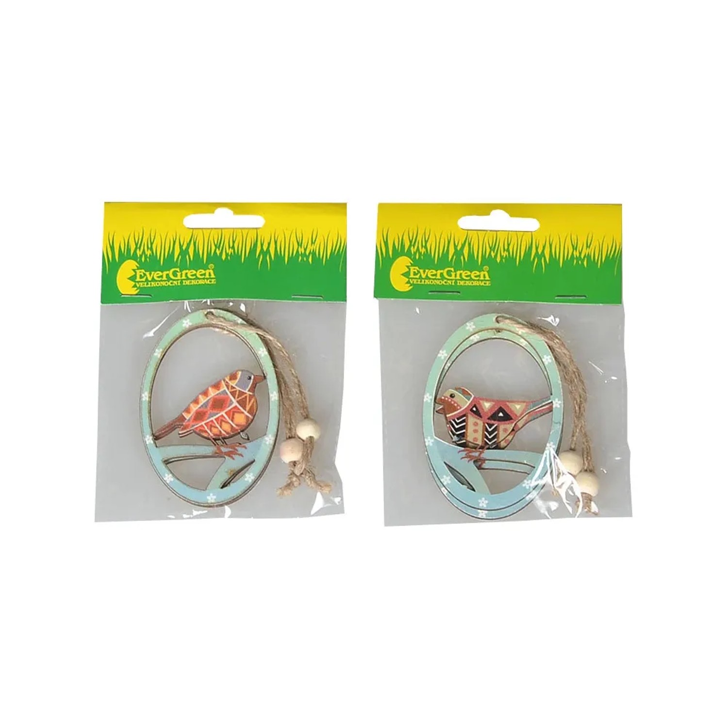 Dekorace závěsná dřevěná 2 ks, 8 x 8 cm, vajíčko s ptáčky