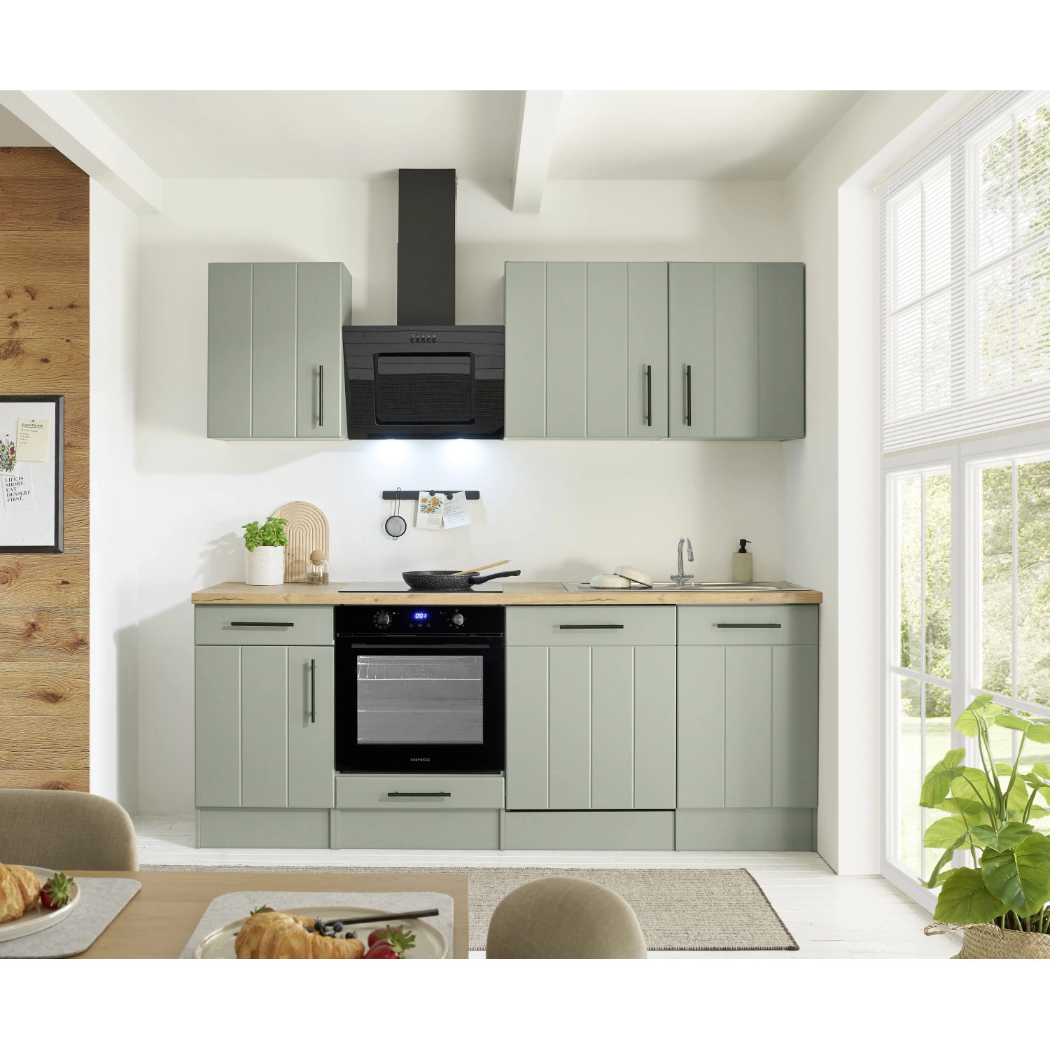 Respekta Kuchyně Anton zelená/dub divoký 220 cm-trouba/ind.deska/myčka/digestoř