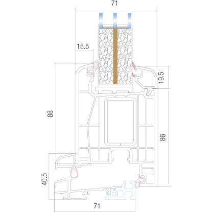 Řez plastovými vchodovými dveřmi SMK 017, bílé dveře, detailní pohled na rám a zasklení s rozměry.