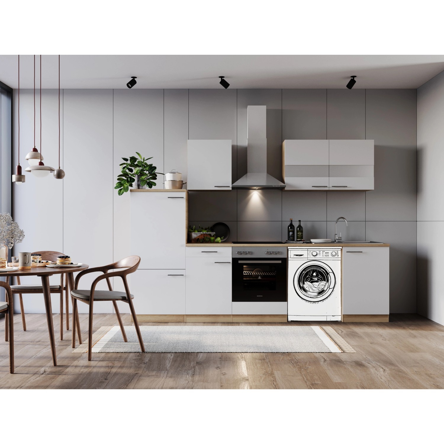 Respekta Kuchyně Merle bílá/dub 280 cm-skl.deska/kom.dig/lednice/nika ...