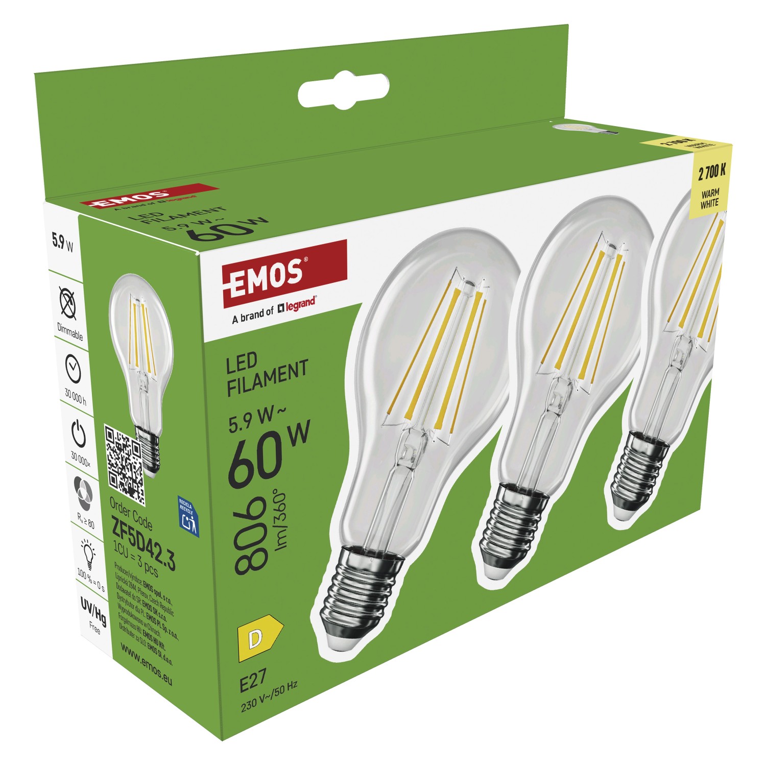 EMOS LED žárovka Filament A60, E27, 5,9W (60W), 806lm, 2700K, 3 ks