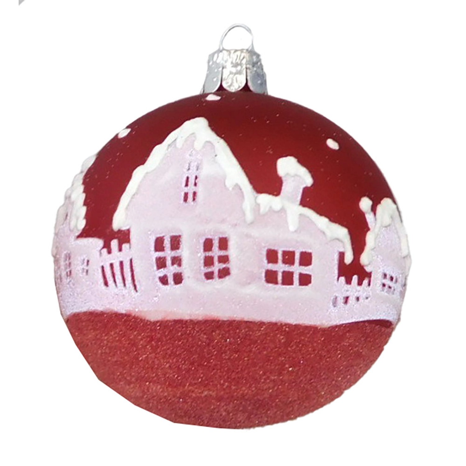 Ornex Vánoční ozdoba skleněná koule s domy, červená, 8 cm