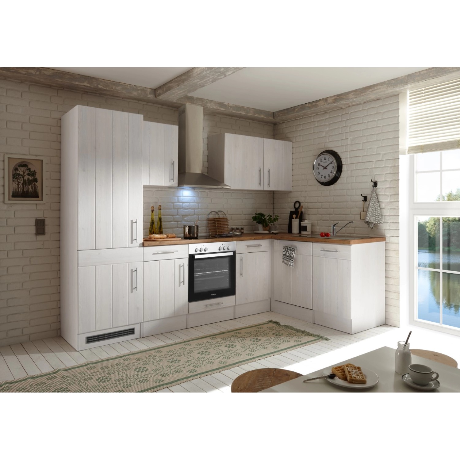 Respekta Kuchyně Anton L modřín/dub 280 cm-trouba+skl.d./digestoř/myčka/lednice