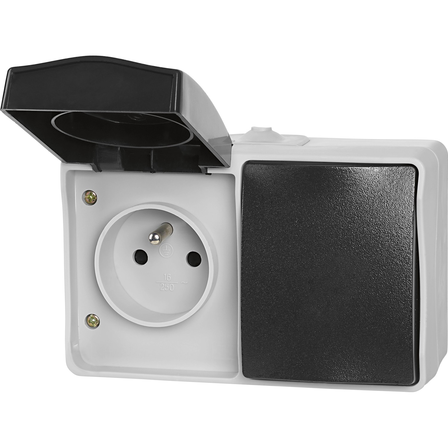 Zásuvka se středovým ochranným kontaktem + vypínač/přepínač IP54 šedá/černá