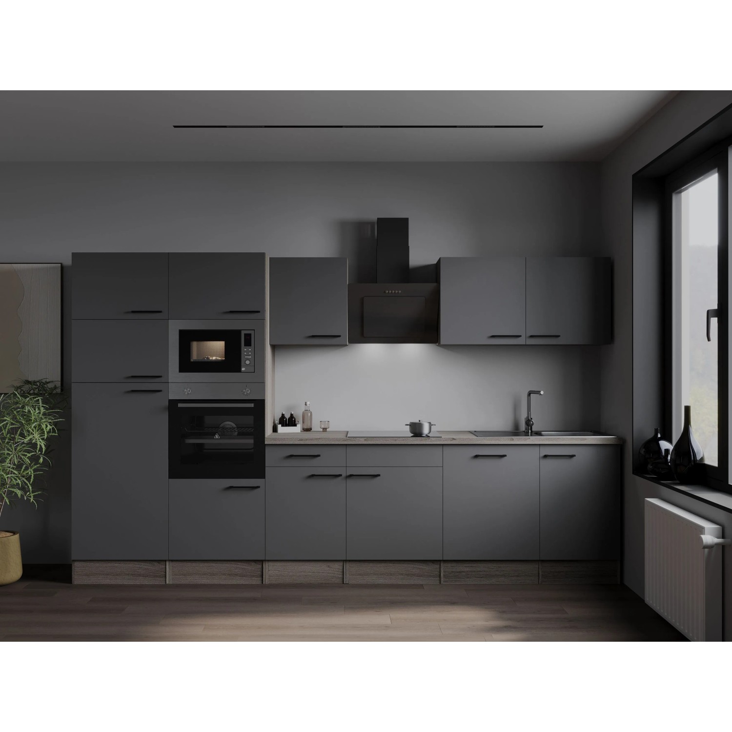 Respekta Kuchyně Oliver šedá m./dub 340 cm-trouba/skl.deska/dig./myčka/led./mik.