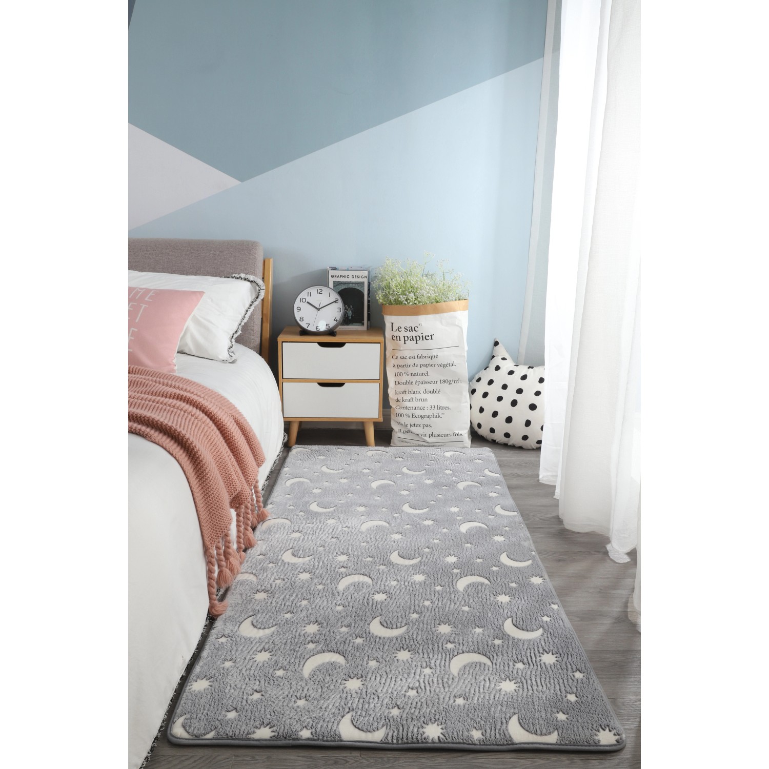 Svítící koberec, šedý, měsíc, 80 x 150 cm