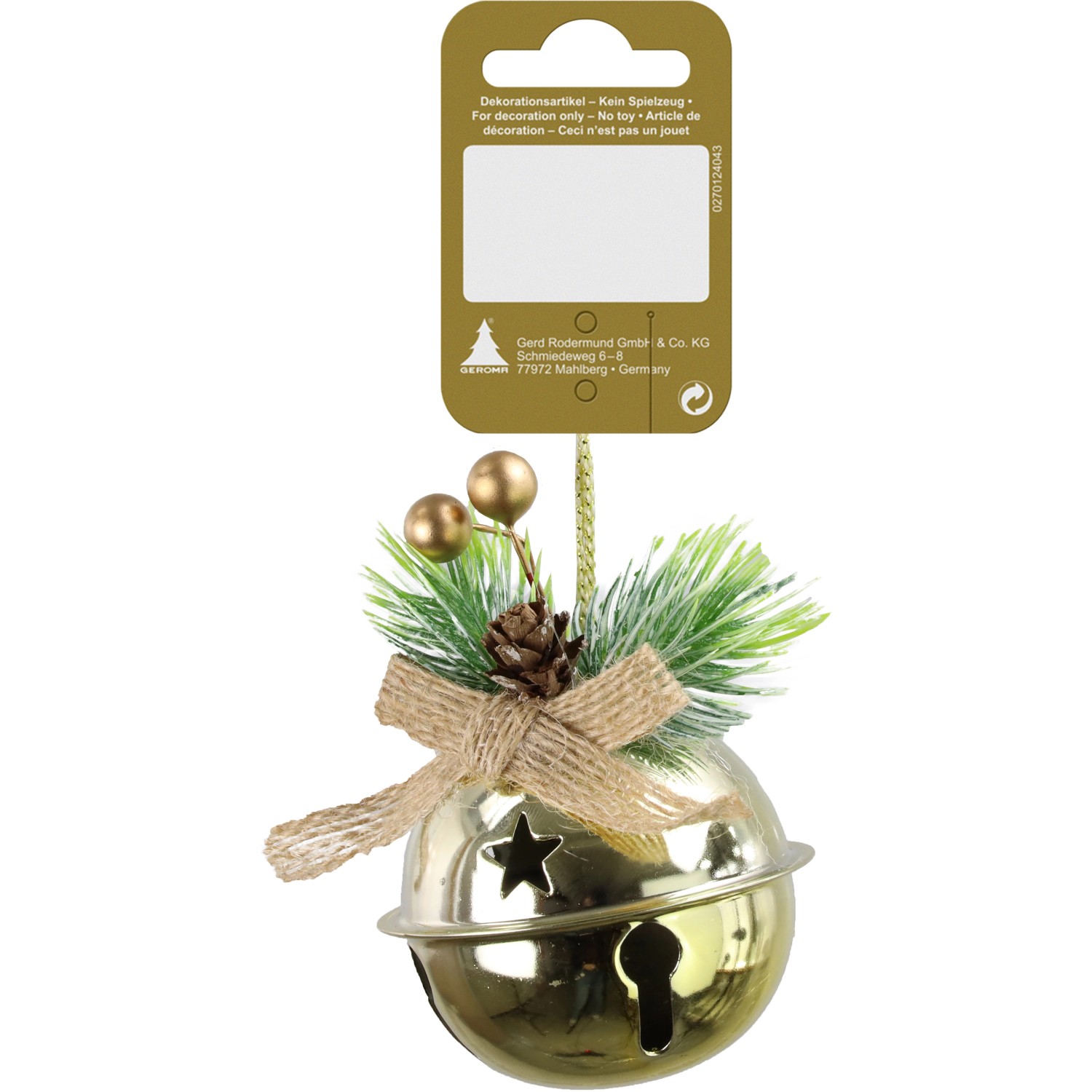 Vánoční dekorace k zavěšení, rolnička, kov s dekorací, zlatá, 9 cm