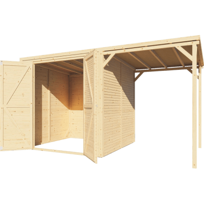 Bertilo Dřevěný domek na nářadí Box 3 Plus s přístavbou, přírodní, 373 x 202 cm