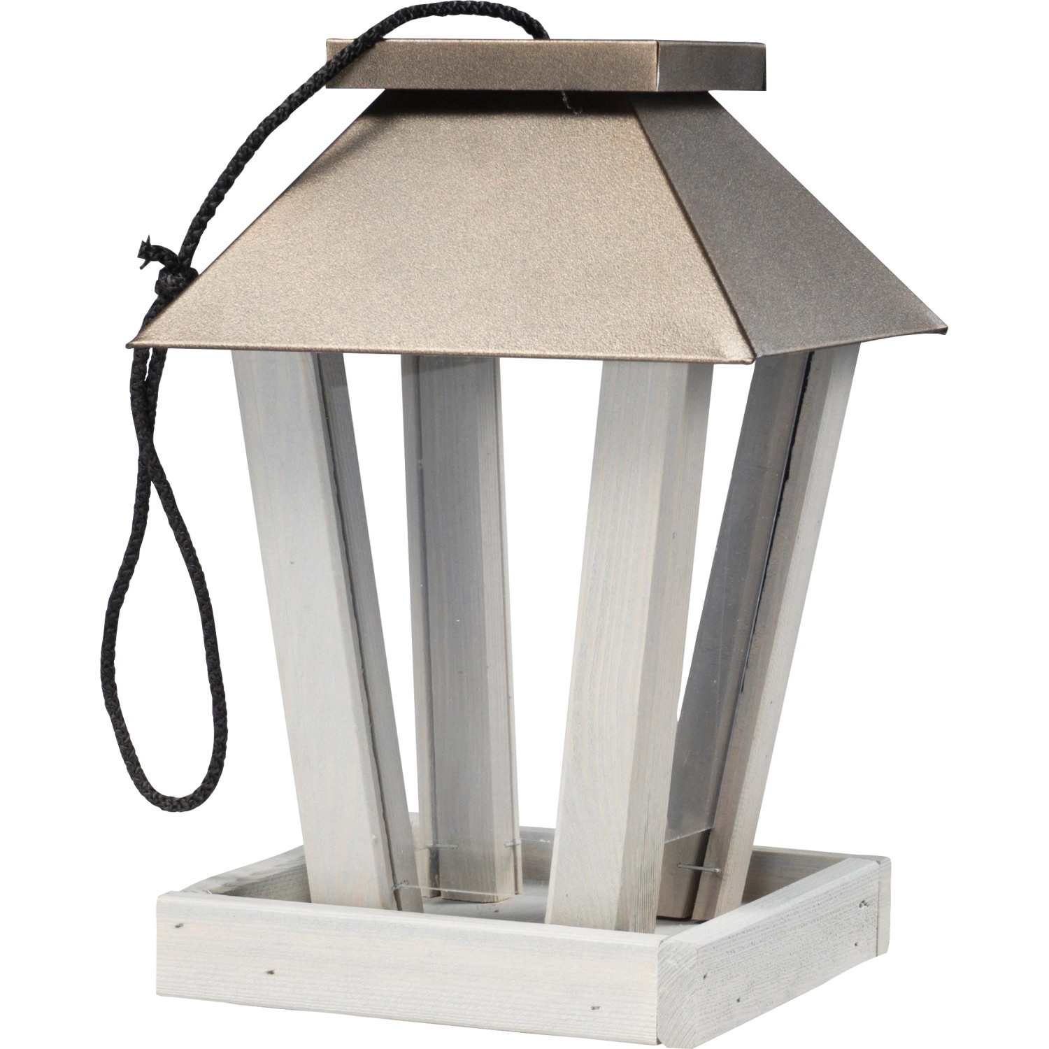 Ptačí krmítko, borovicové dřevo/akryl/kov, šedá/měděná, 18,5 x 18,5 x 27 cm