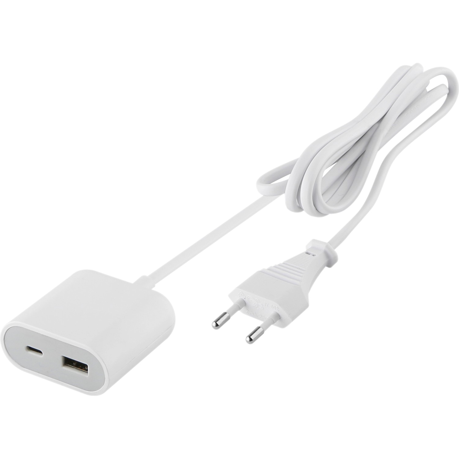 USB-A + USB-C nabíjecí adaptér s 1,5 m kabelem, 17,5 W, bílá