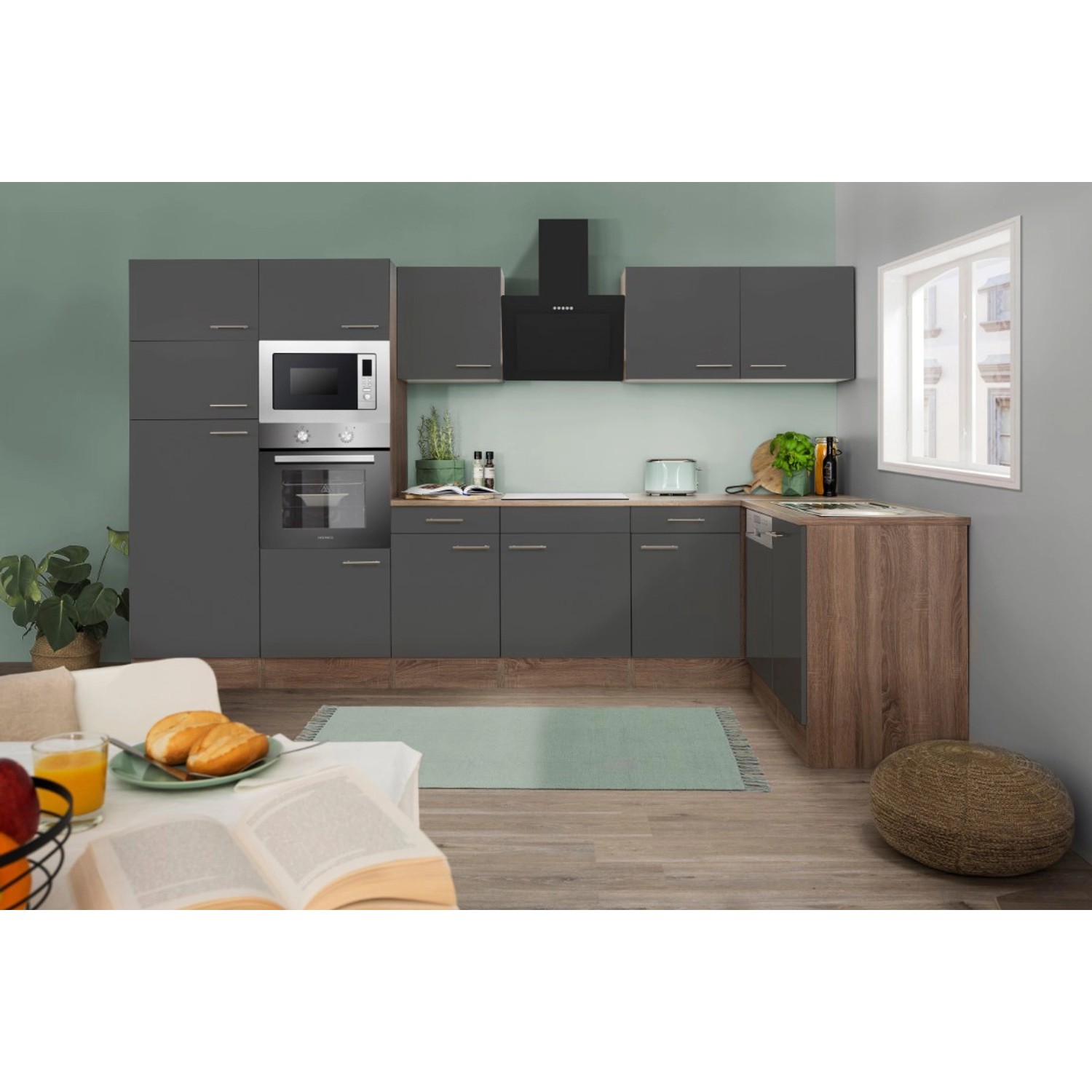 Respekta Kuchyně Oliver L šedá/dub 340 cm-trouba/skl.d./digestoř/myčka/led./mik.