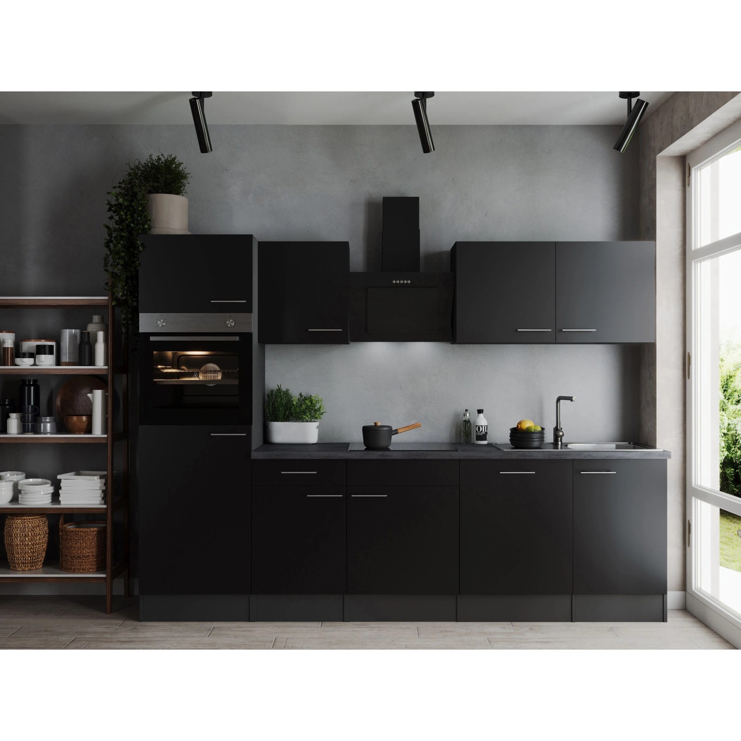 Respekta Kuchyně Oliver černá/žula 280 cm-trouba/skl.deska/dig./myčka/led.