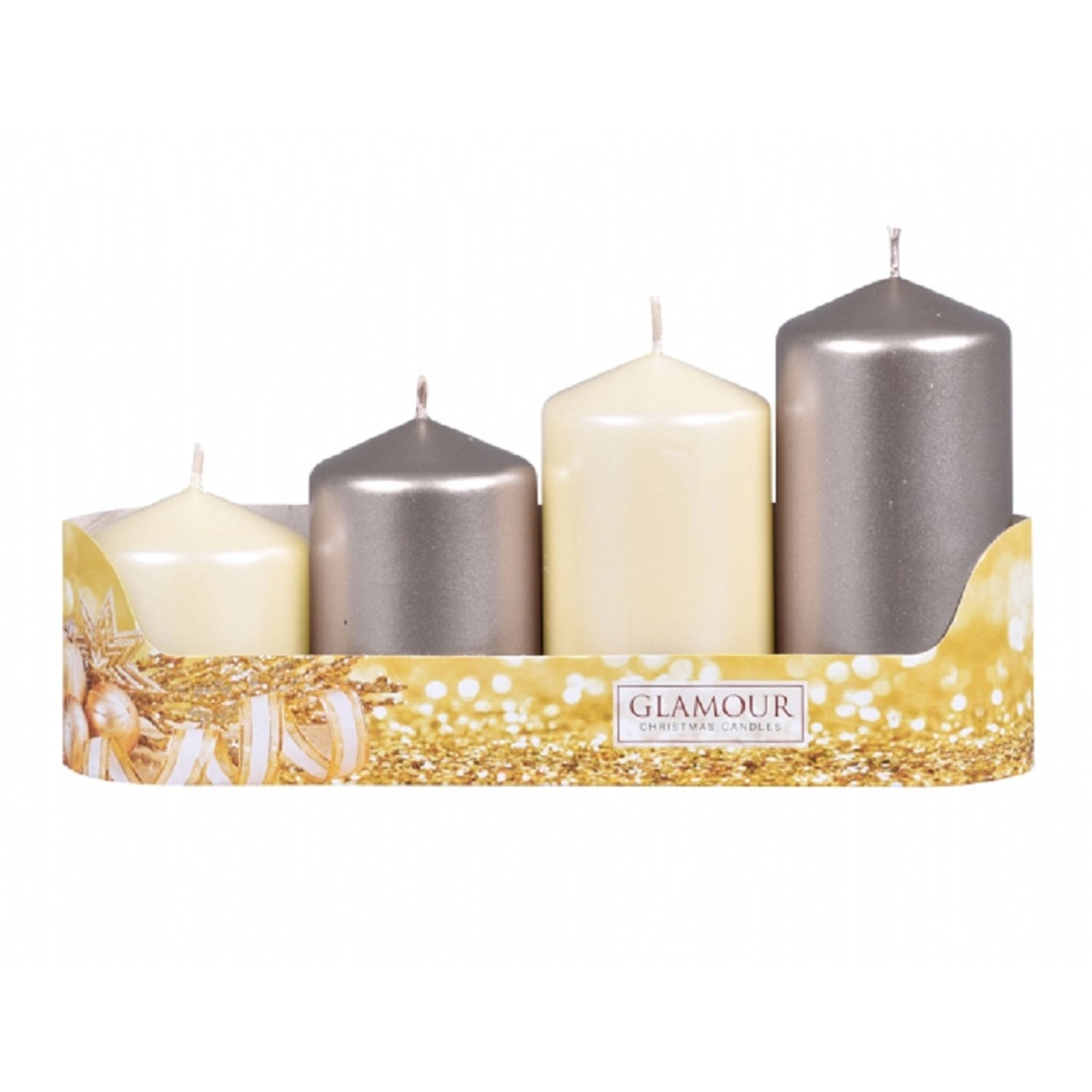 Svíčky adventní STUPŇOVITÝ MIX metal lesk béžová/šampaň, pr. 5 x 6/7,5/9/10,5 cm