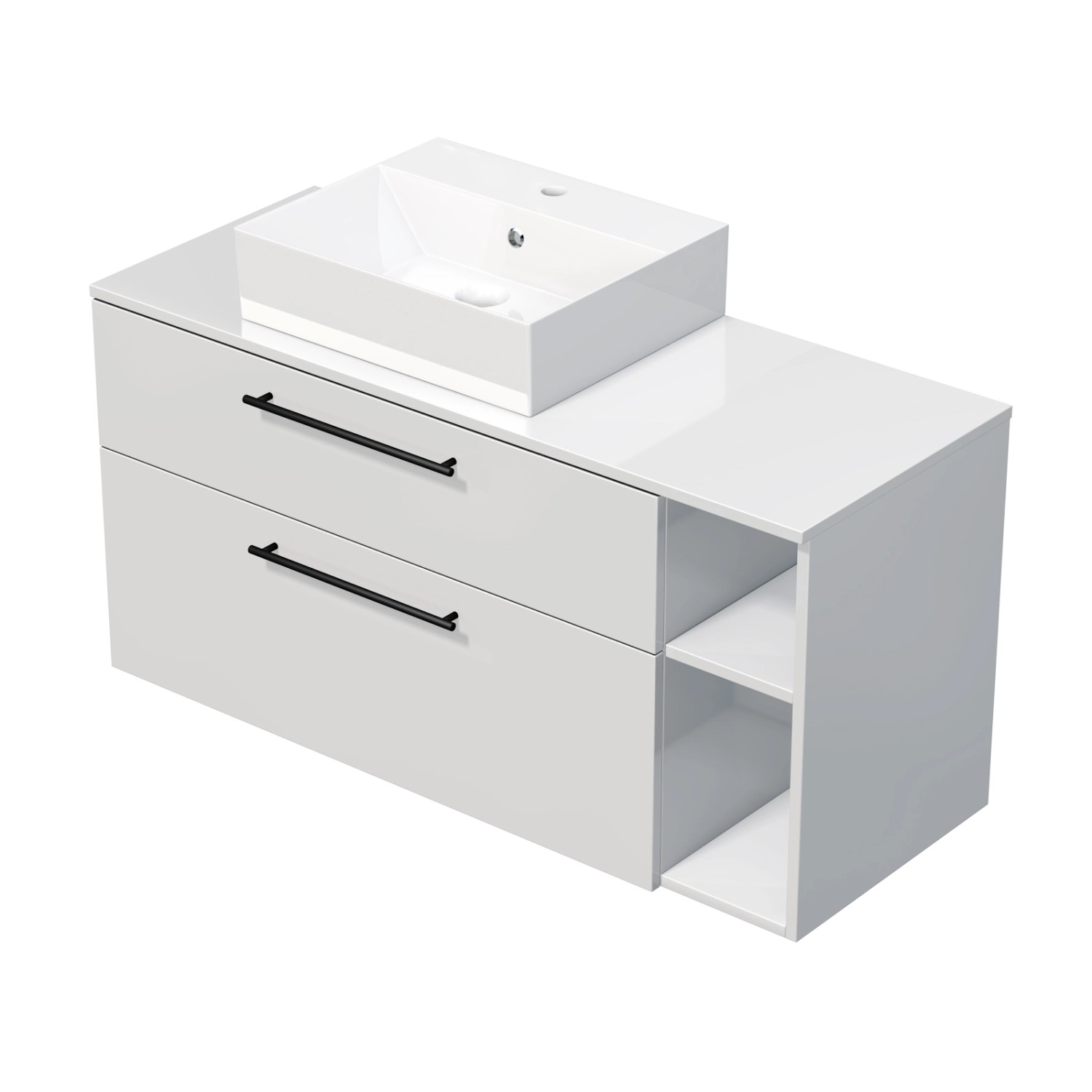 INTEDOOR Koupel.skříň+umyvadlo BEE, úchyt černý, 120cm, regál vpravo, bílá lesk