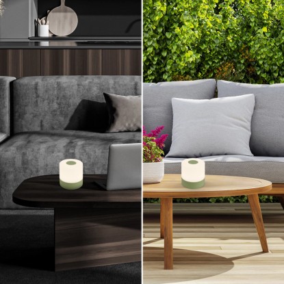Brilo Smal Zelená akumulátorová stolní lampa na stole v interiéru i exteriéru.