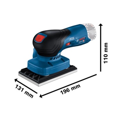Akumulátorová vibrační bruska Bosch Professional GSS 12V-123 s příslušenstvím, modrá bruska s rozměry.