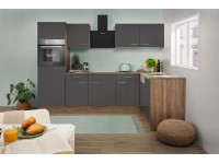 Respekta Kuchyně Oliver L šedá/dub 280 cm-trouba/skl.d./digestoř/myčka/lednice