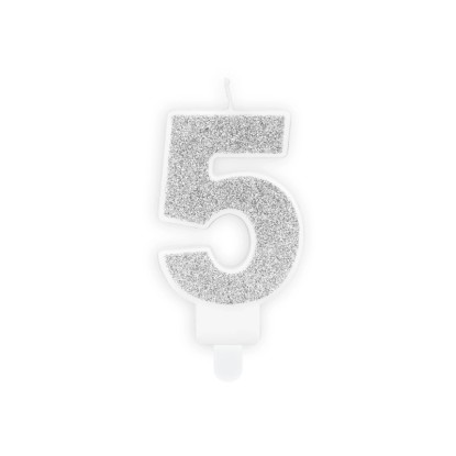 PartyDeco Svíčka dortová "5" glitter stříbrná 7 cm