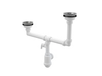 Alcadrain Sifon pro dvoudřez s nerez. mrížkami DN115, dvouúrovňový s přípojkou