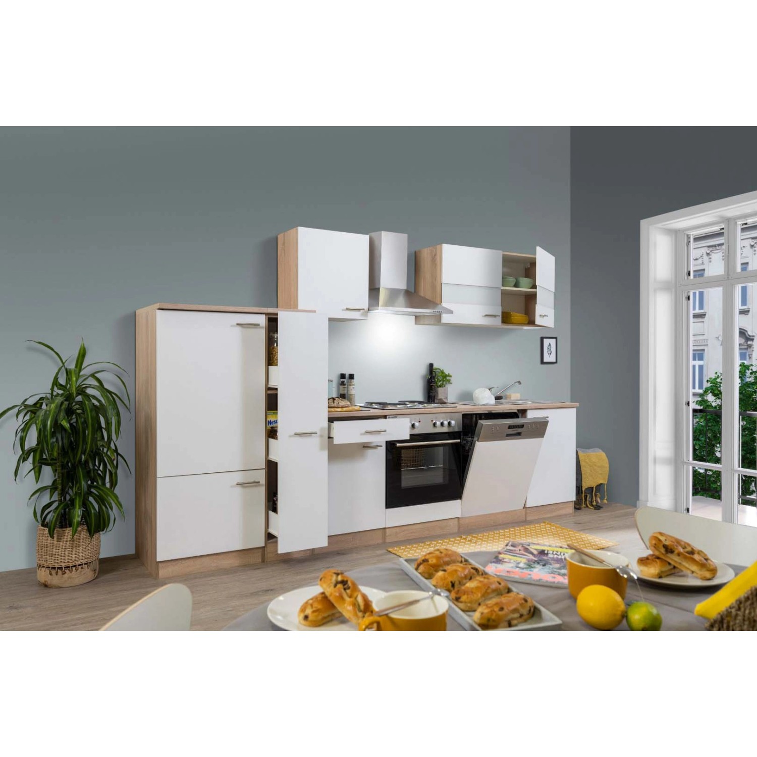 Respekta Kuchyně Merle bílá/dub 310 cm - bez el. přístrojů