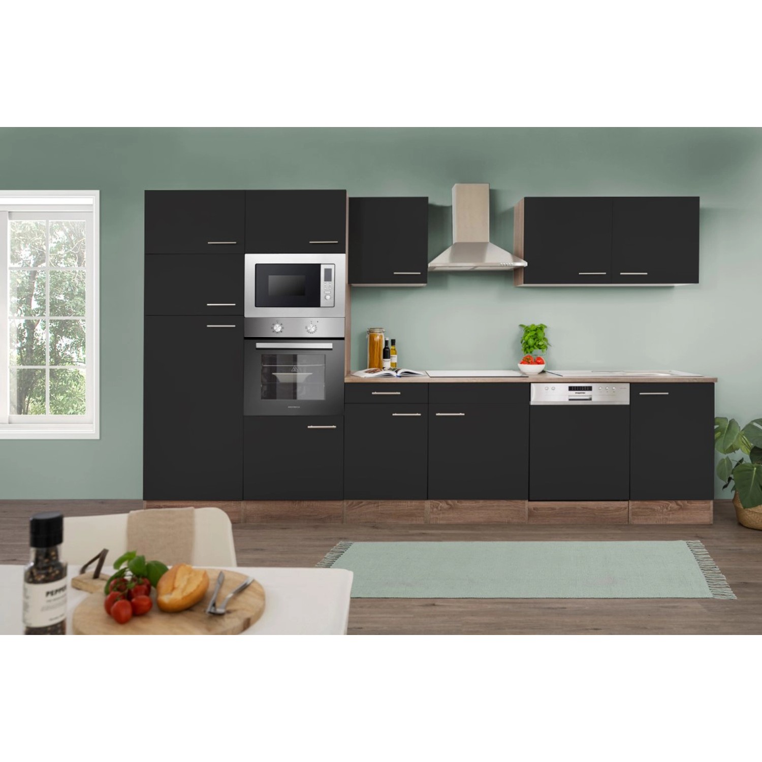 Respekta Kuchyně Oliver černá/dub 340 cm-trouba/sklok.d./dig./myčka/lednice/mik.