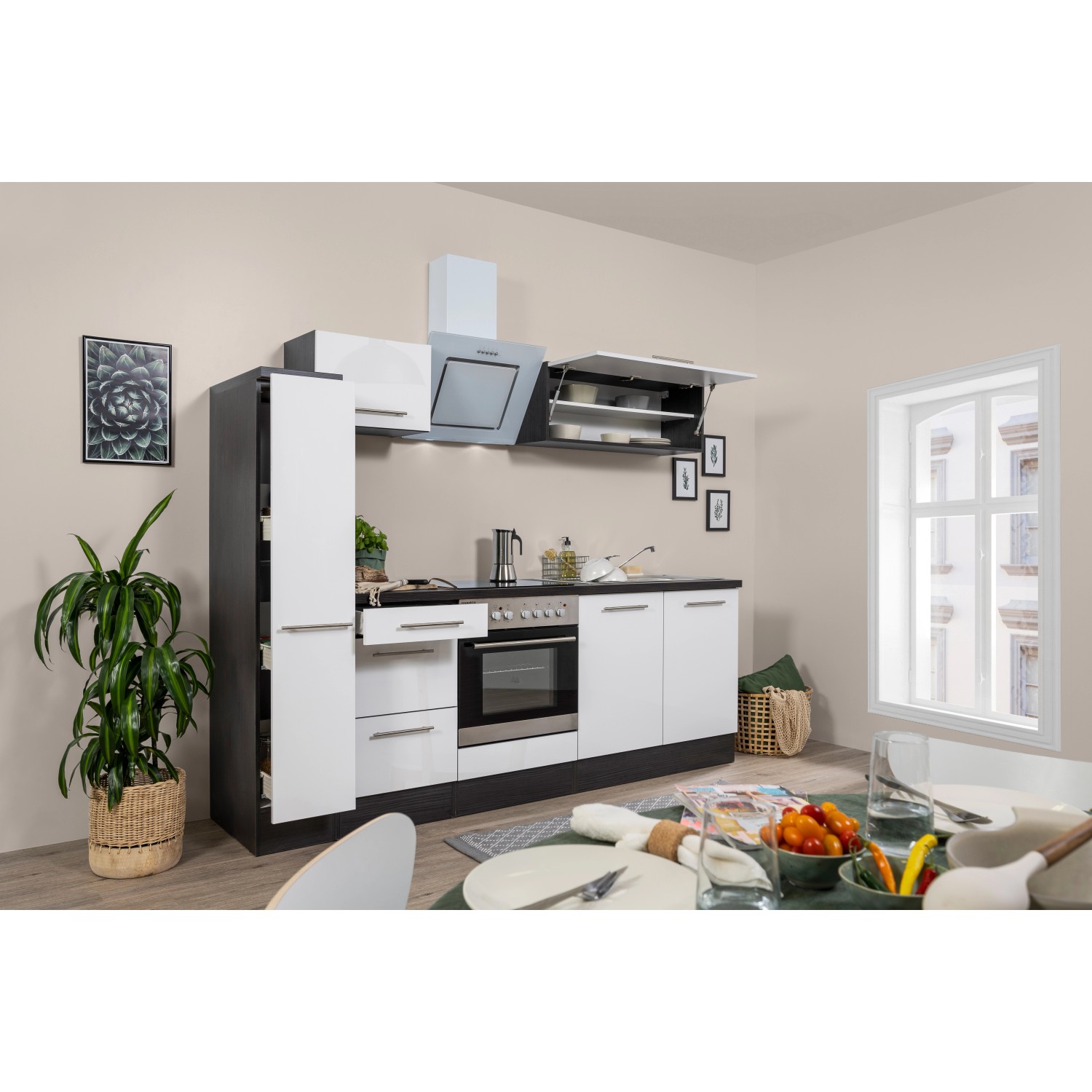 Respekta Kuchyně Amanda bílá/dub 240 cm - trouba+skloker.deska/šikmá digestoř