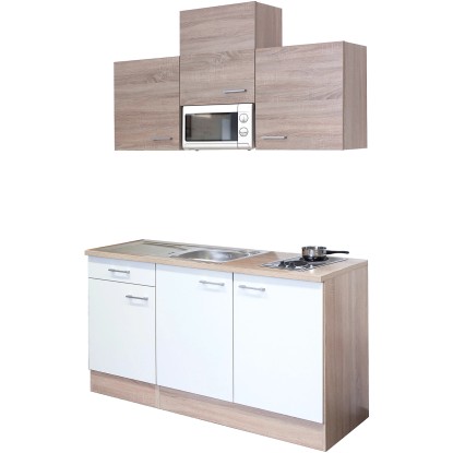 Flex-Well Single kuchyň Florida 150 cm v dekoru dub Sonoma/bílá s varnou deskou, dřezem a mikrovlnnou troubou.