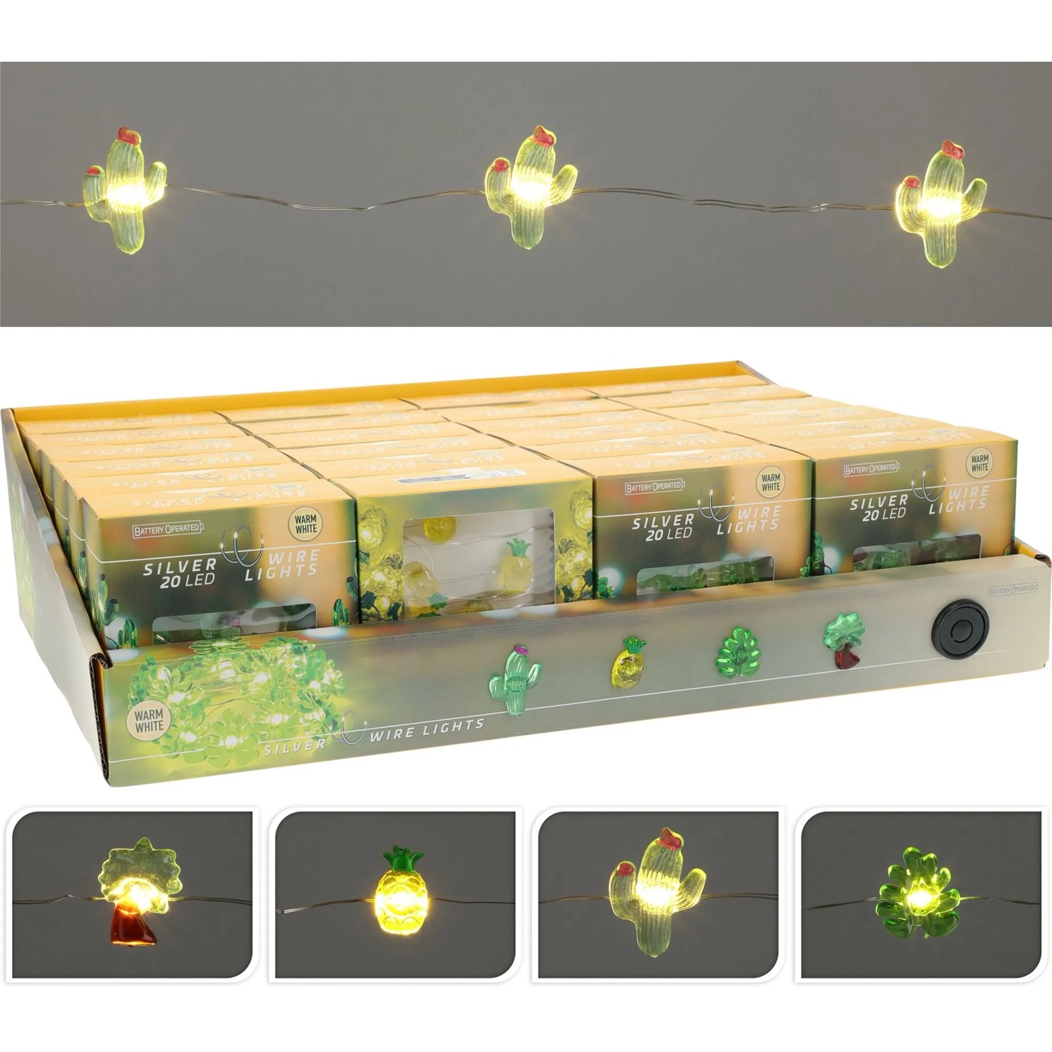 Světelný řetěz do interiéru 3D, 20 LED teplá bílá, stříb. drát, různé druhy, 2 m