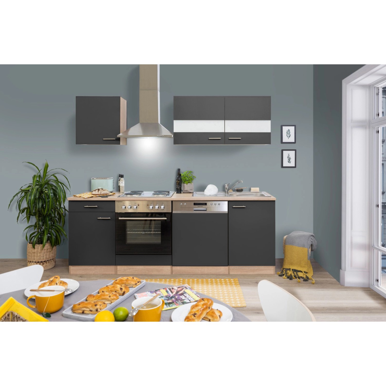 Respekta Kuchyně Merle šedá/dub 220 cm-nrz.deska/komín.digestoř/myčka