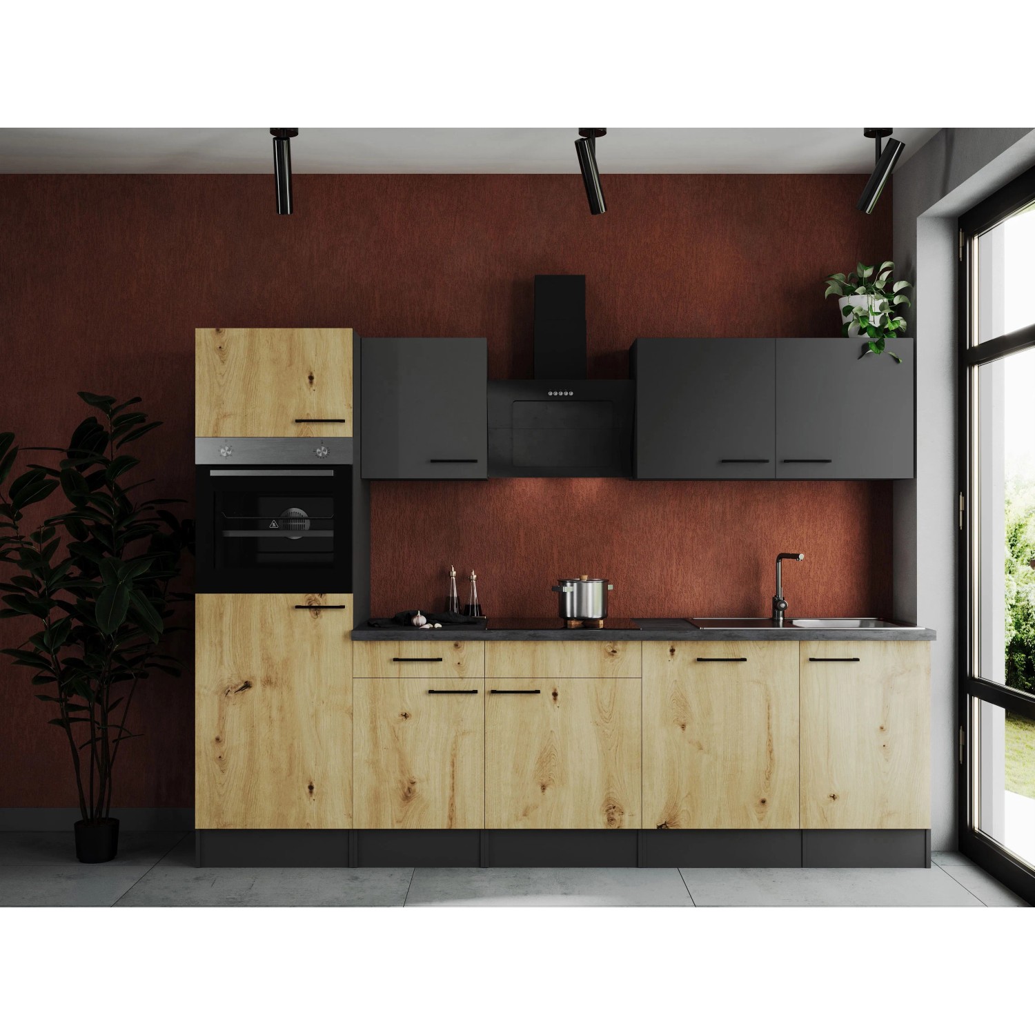 Respekta Kuchyně Oliver dub+šedá m./žula 280 cm-trouba/skl.deska/dig./myčka/led.