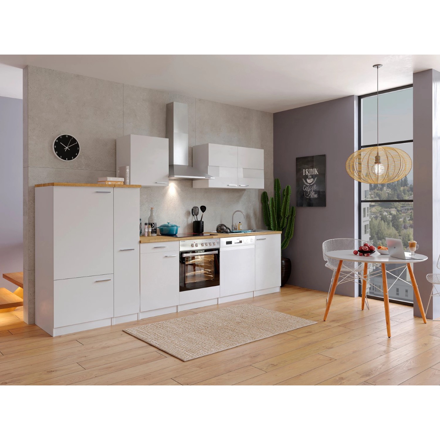 Respekta Kuchyně Malia bílá/ořech 310 cm - skl.deska/komín.dig./lednice/myčka