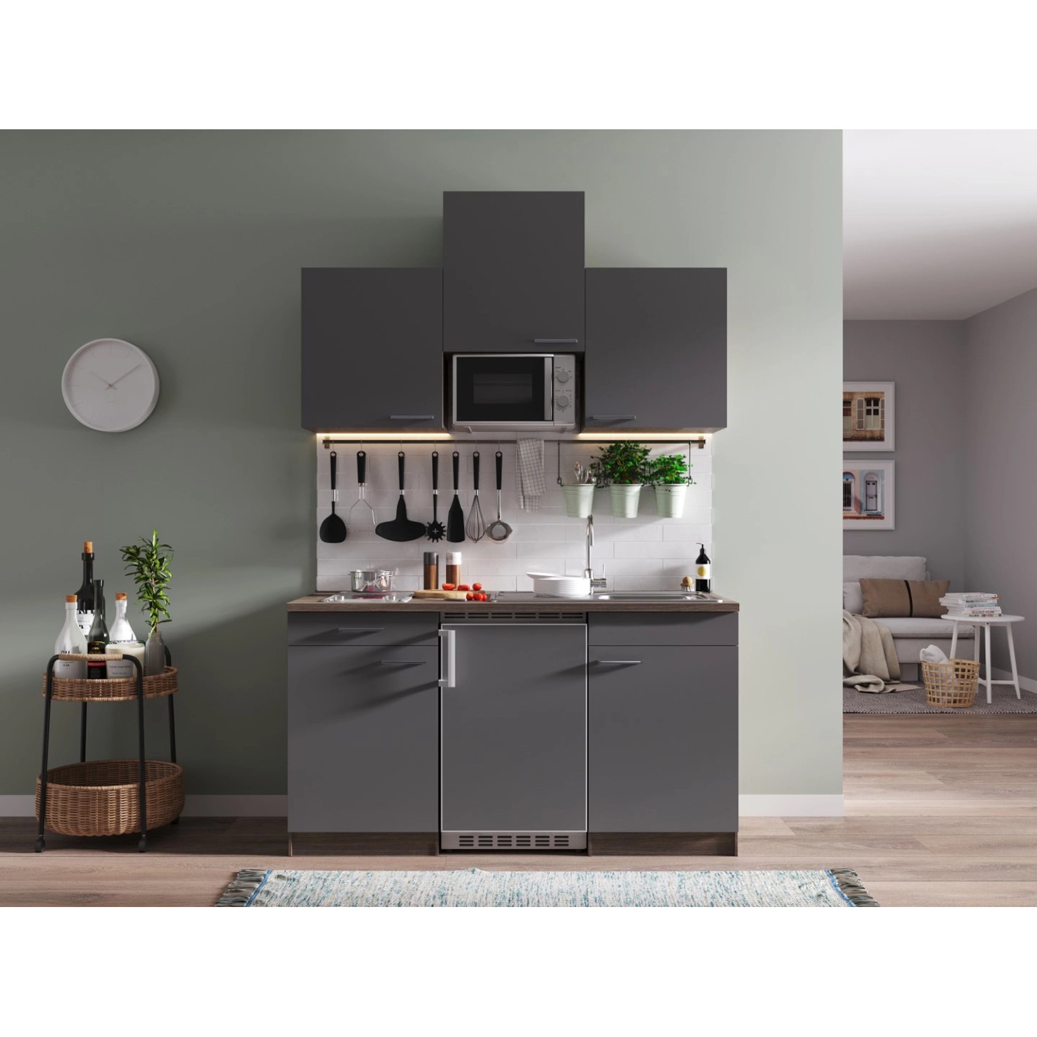 Respekta Kuchyně Oliver šedá/dub 150 cm-skl.deska/lednice/mikrovlnka