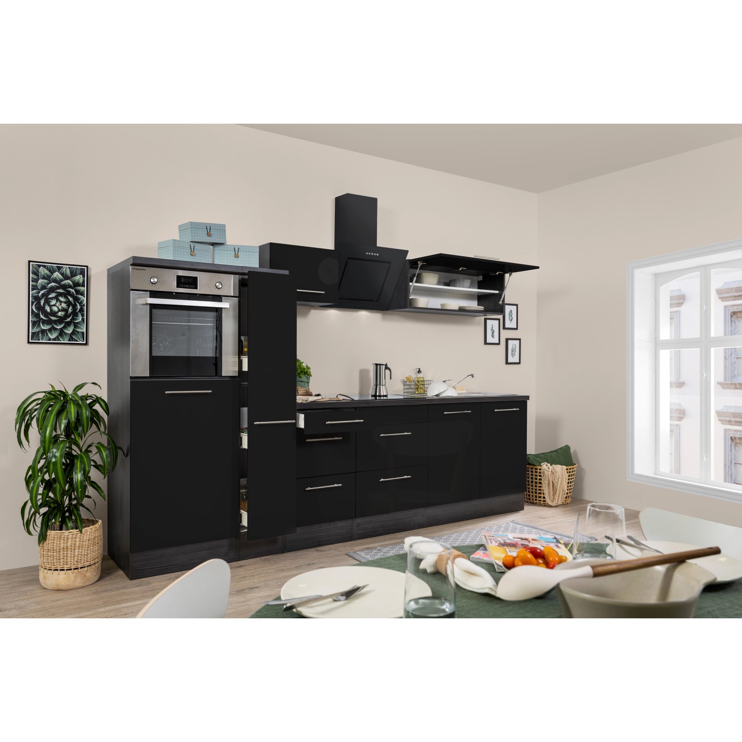 Respekta Kuchyně Amanda černá/dub 300 cm-trouba, skl.deska, šik.dig., lednice