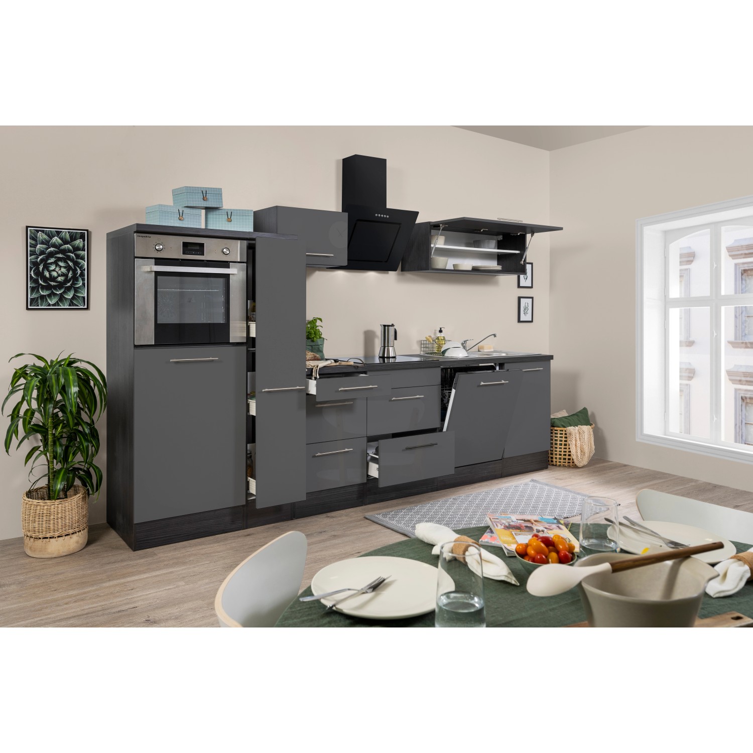 Respekta Kuchyně Amanda šedá/dub 310 cm-trouba/skl.deska/digestoř/myčka/lednice