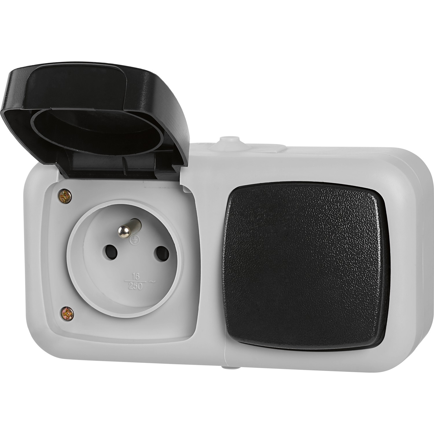 Zásuvka se středovým ochranným kontaktem + vypínač/přepínač šedý/černý