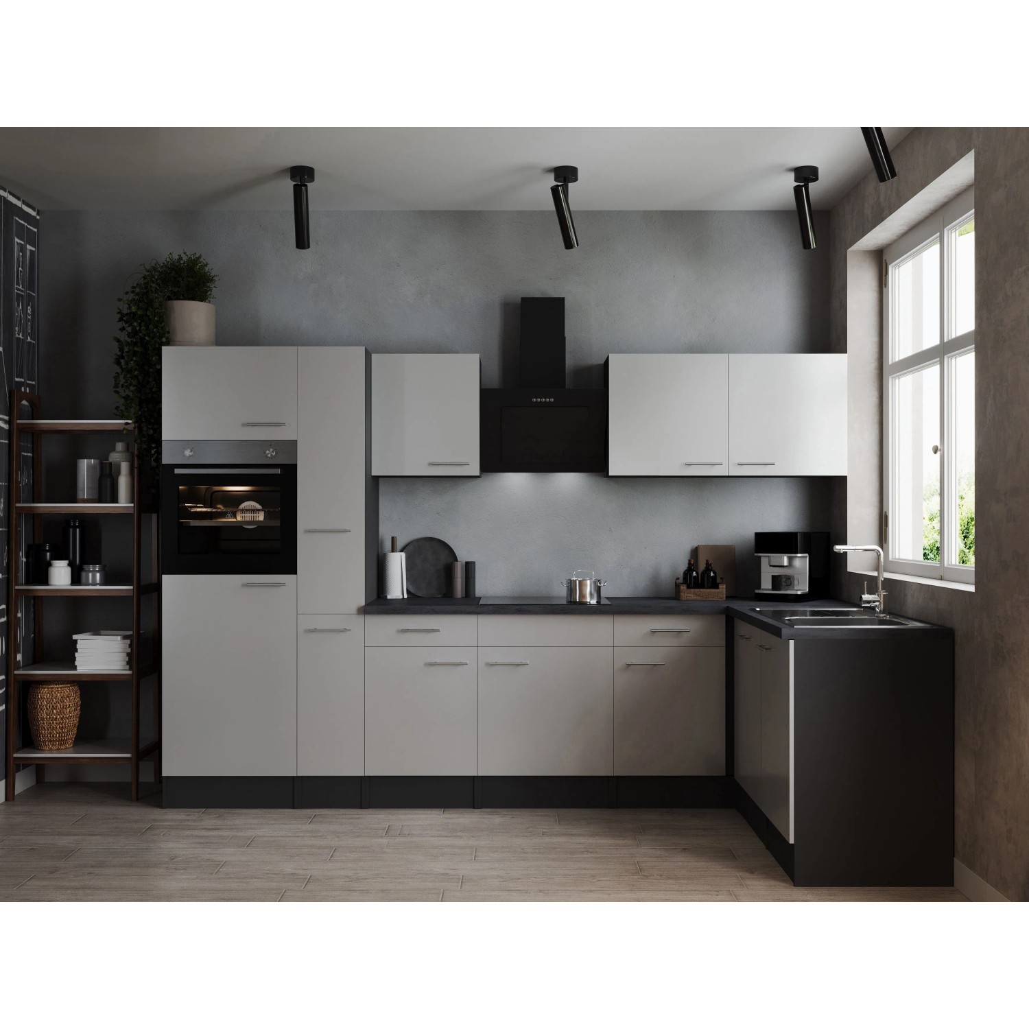 Respekta Kuchyně Oliver L bílá/žula 310 cm-trouba/skl.deska/dig./myčka/led.