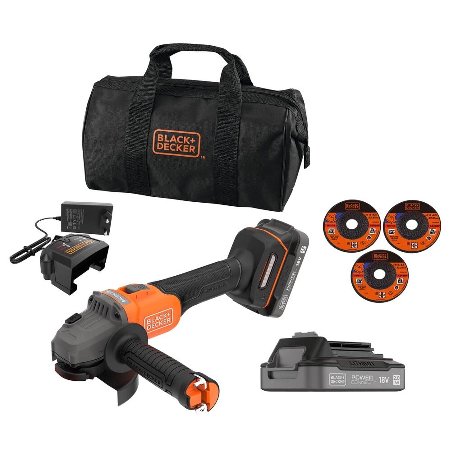 Black+Decker Aku úhlová bruska BCG6L8D2S-QW, 115 mm (2x 2,0Ah)