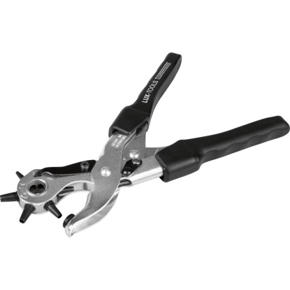 LUX-TOOLS PRO revolverové děrovací kleště 250 mm, poniklované, s černými 3-komponentními rukojeťmi pro děrování.