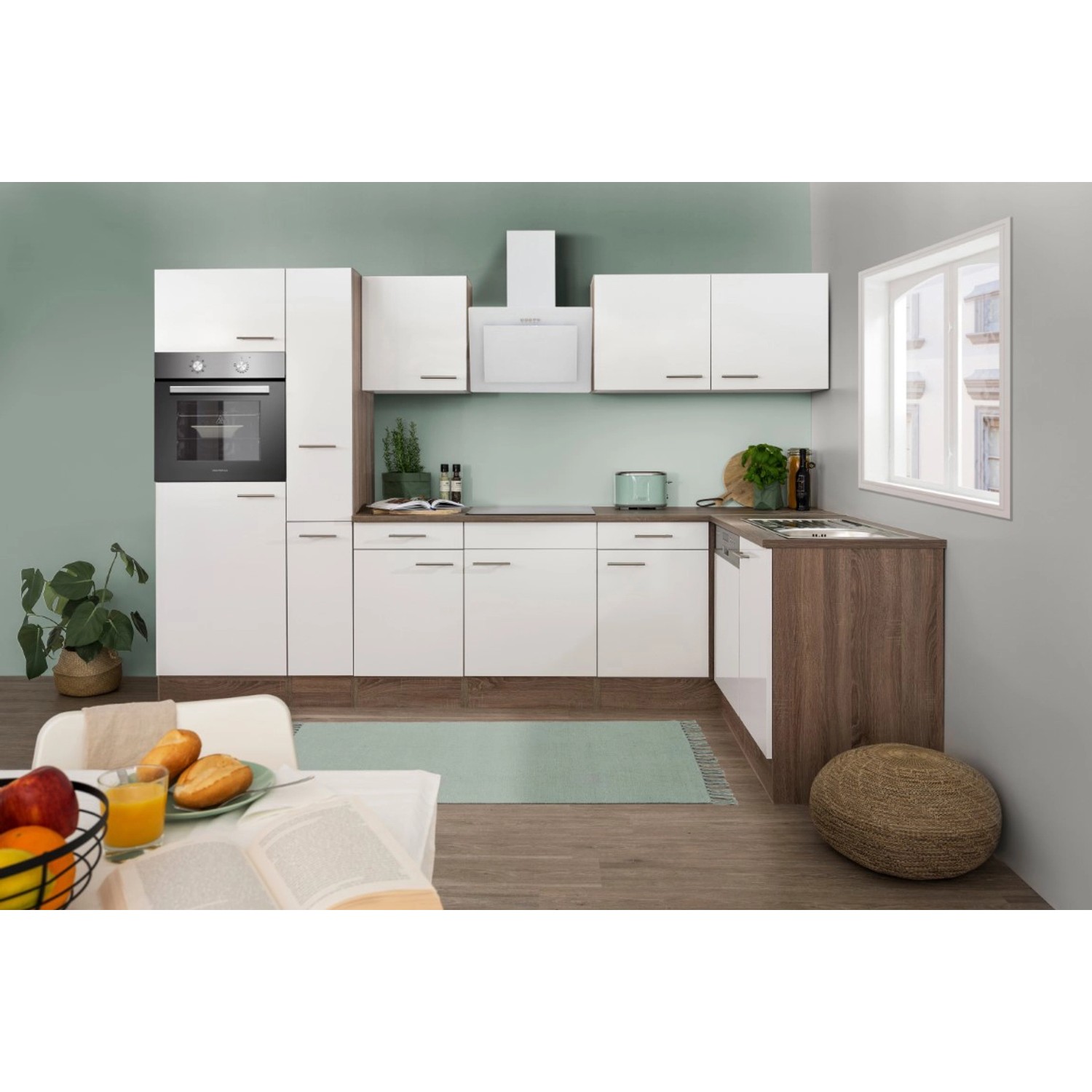 Respekta Kuchyně Oliver L bílá/dub 310 cm-trouba/skl.d./digestoř/myčka/lednice