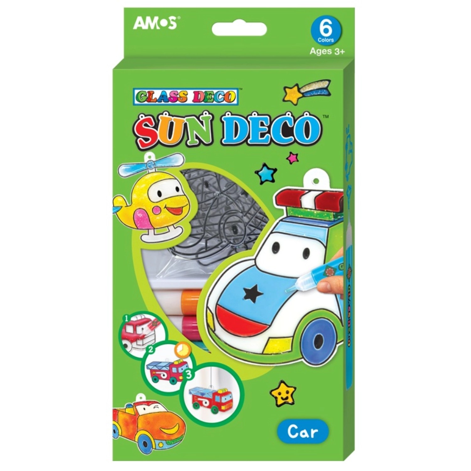 Amos Barvy na sklo sada 6 barev, 10,5 ml + 6 sklíček Auta